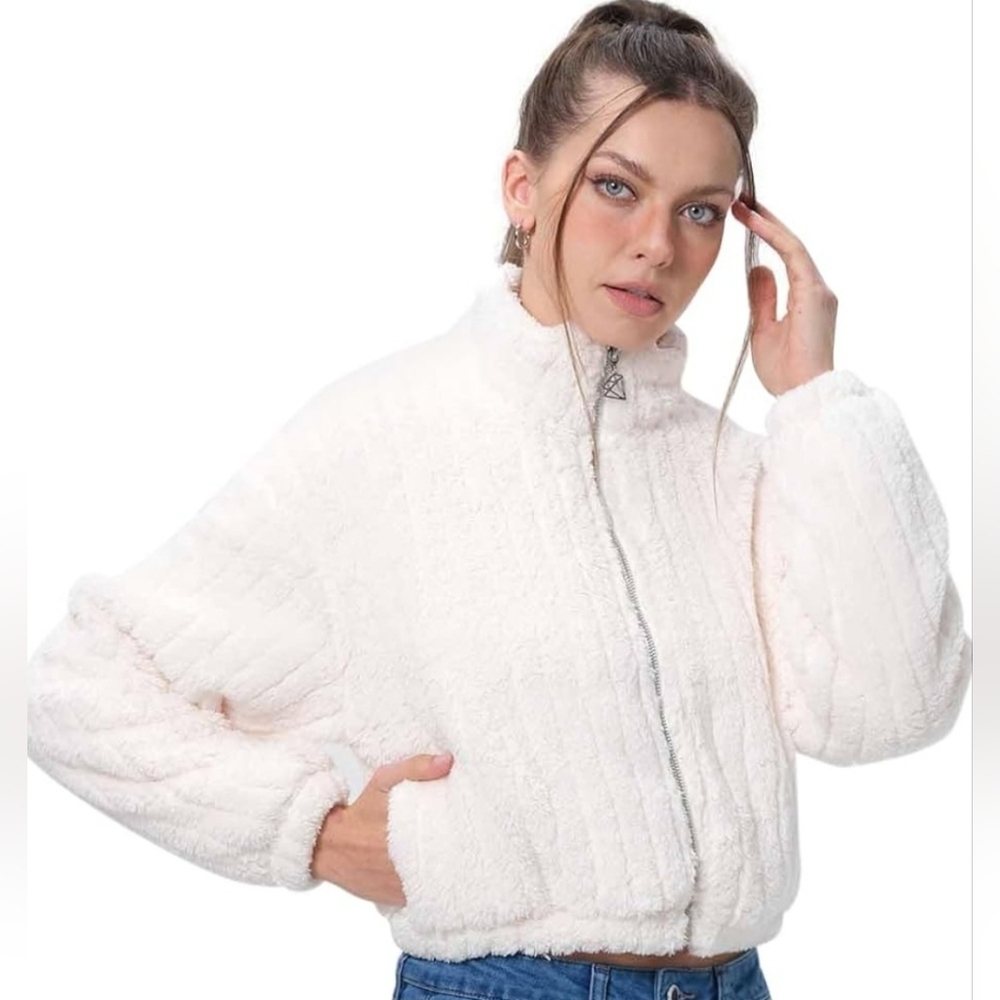 White Sherpa Fleece Zip Up Jacket | Cozy Teddy Jacket | Size L